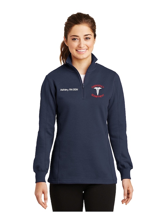 Women's Emergency Department Caduceus Quarter Zip Sweatshirt-ER ED RN Lpn-sweatshirt jacket with several color options-Hazel Red Emerg Dept