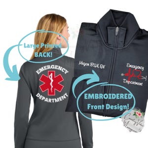 May include: A dark gray zip-up jacket with the words "Emergency Department" and a red medical symbol printed on the back. The front features embroidered text and a medical-themed design, including a heartbeat and stethoscope.