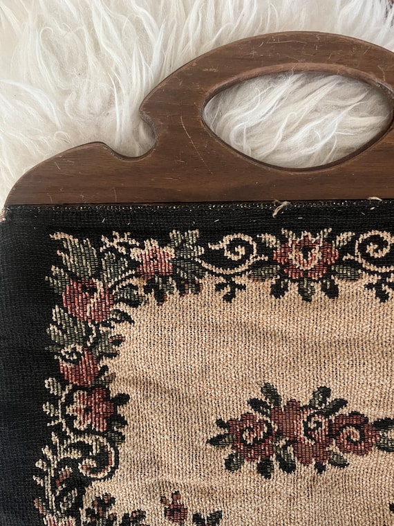 Vintage Tapestry Purse with Wood Handles