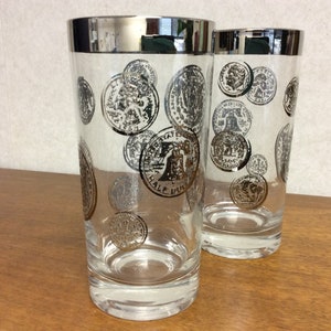 Pair of Vintage Mid Century Highball Glasses with Wide Silver Band and Embossed Silver Coins
