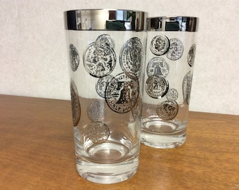 Pair of Vintage Mid Century Highball Glasses with Wide Silver Band and Embossed Silver Coins