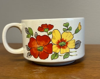Vintage 1970's Ceramic Soup Mug Orange and Yellow Flowers