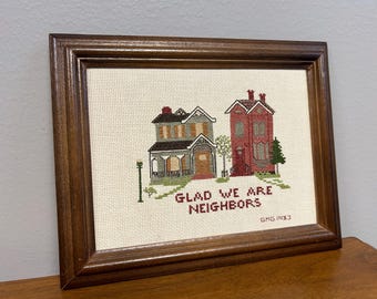 Vintage Cross Stitch Glad We are Neighbors Picture 1980