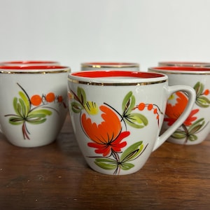 Vintage Coffee/Tea Cup Set of Six White Porcelain with Handpainted Orange Flowers and Gold Trim