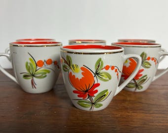 Vintage Coffee/Tea Cup Set of Six White Porcelain with Handpainted Orange Flowers and Gold Trim