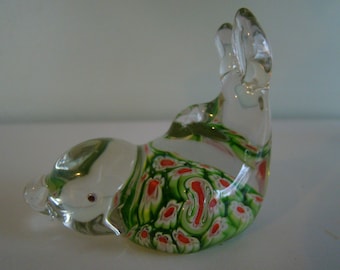 Vintage Murano Millefiori Dolphin with Green White and Pink Flowers