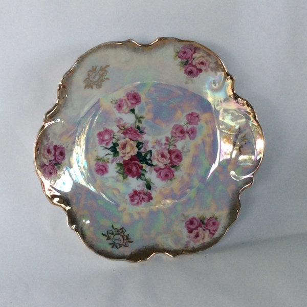 Pretty Vintage Porcelain Candy or Trinket Dish with Roses on Iridescent Background