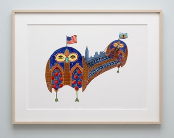 Brooklyn Bridge Owl Art Print, New York Watercolor Painting