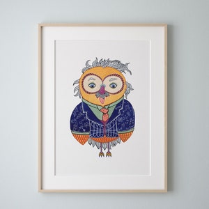 Einstein Owl Art Print, Owl Watercolor Painting, Owl Wall Art by Eve Devore, Owl Gift, Nerd Gift, Owl Print