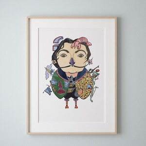 May include: A colorful illustration of a person with a large nose and a lobster on their head. The person is surrounded by various other illustrations, including a bird, a flower, and a fish.