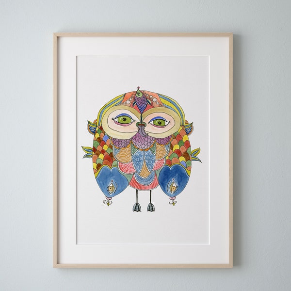Owl Art Print, Owl Watercolor Painting, Mermaid Owl, Owl Painting by Eve Devore