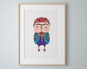 Frida Kahlo Owl Art Print, Watercolor Painting