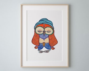 Yogi Sage Owl Art Print, Watercolor Owl Painting
