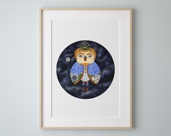 Cancer Owl Zodiac Art Print, Galaxy Watercolor Painting