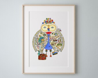 New York Subway Owl Art Print, Whimsical Watercolor Painting