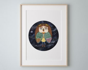 Virgo Owl Art Print, Galaxy Watercolor Painting, Zodiac Sign