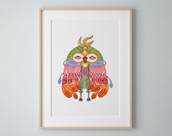 Phoenix Owl Art Print, Colorful Watercolor Painting, Owl Wall Decor