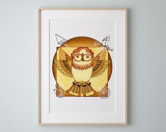 Vitruvian Owl Art Print, Leonardo Da Vinci Inspired Watercolor