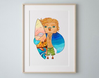 Surfer Owl Watercolor Art Print, Beach Coastal Decor