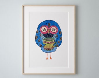Watercolor Coffee Owl Art Print, Java Bean Owl Painting