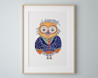 Aquarel kunstprint van een uil met Einstein-motief, een leuk cadeau voor nerds.