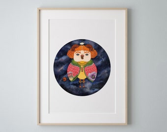 Aries Owl Art Print, Galaxy Watercolor Zodiac Painting
