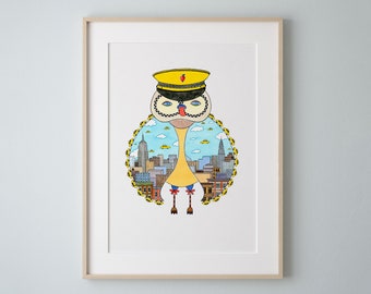 Empire Owl Watercolor Art Print, New York City Skyline
