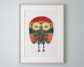 Pumpkin Owl Watercolor Art Print, Thanksgiving Decor
