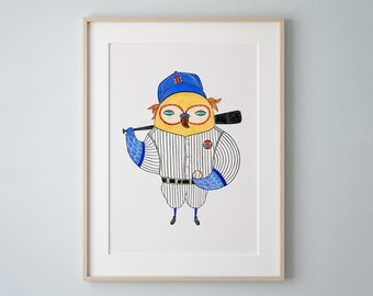 Baseball Owl Art Print, Watercolor Painting, Sports Fan Gift