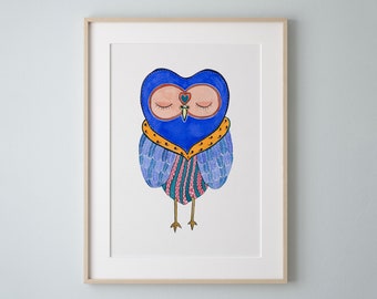 Royal Snoozy Owl, Watercolor Art Print, Bedroom Art Print, Bedroom Decor, Owl Art Painting by Eve Devore