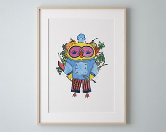 Chef Owl, Watercolor Art Print, Owl Art, Owl Painting by Eve Devore