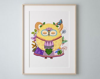 Forest Fairy Owl Art Print, Whimsical Watercolor Painting