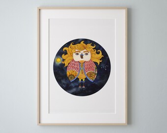 Leo Owl Zodiac Watercolor Art Print by Eve Devore