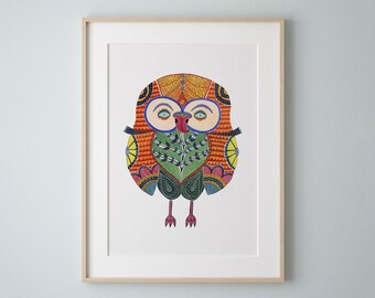 Zesty Owl Watercolor Art Print, Unique Signed Artwork