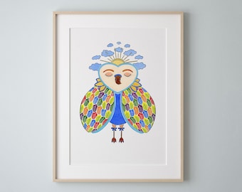 Iridescent Owl, Owl Art Print, Owl Watercolor Painting, Rainbow Painting, Owl Wall Art by Eve Devore