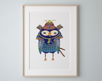 Samurai Owl Art Print, Watercolor Painting, Signed
