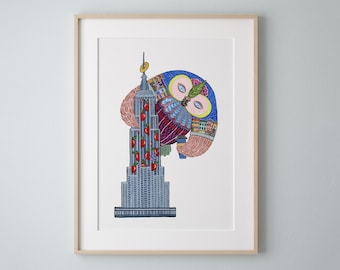 Aquarel kunstprint van een Empire Owl, decoratie voor New York City.
