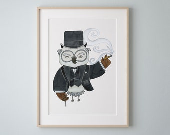 Winston Churchill Owl Art Print, Original Watercolor Painting