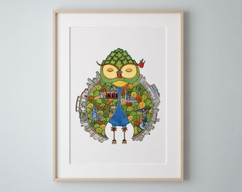 Central Park Owl Art Print, New York Watercolor Painting