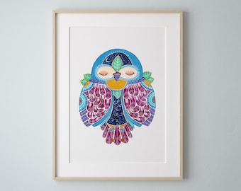 Celestial Owl Watercolor Art Print by Eve Devore