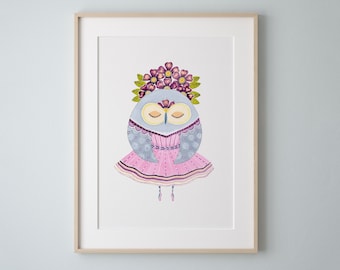 Ballerina Owl Art Print, Watercolor Owl Painting