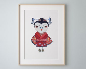 Geisha Owl Art Print, Watercolor Painting