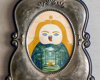 Forest Bathing Owl Painting, Antique Frame, Spiritual Art, Tranquil Painting