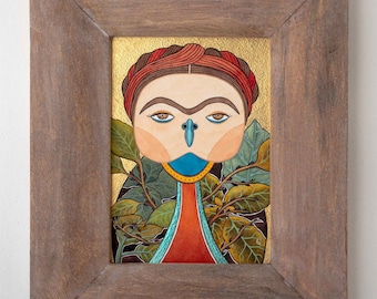 Frida Kahlo Owl Portrait Painting, Original Framed Art