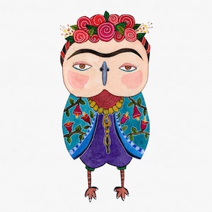 Op de afbeelding: Een eigenzinnige illustratie van een uil die een kleurrijke bloemenkrans en een blauw en paars gepatroneerd jasje draagt. De uil heeft een dikke wenkbrauw en grote, expressieve ogen.