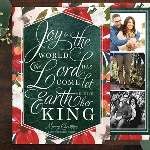 Script Floral Multi Photo Christmas Card, Photo Christmas Card, Holiday Photo Card, 2 Sided, Joy to the World