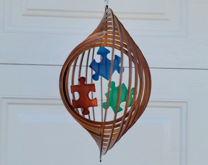 puzzle pieces metal wind spinner for yard, autism awareness autism mom autism gifts for teachers, front porch decor, apartment balcony decor