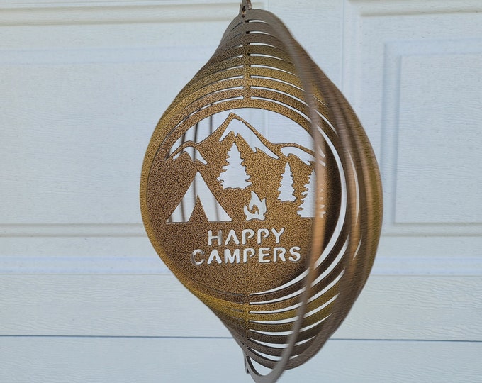 happy camper hanging wind spinner for outdoors, camper decor, RV accessories for outside, campsite decor, camping gifts for mom, outdoorsy