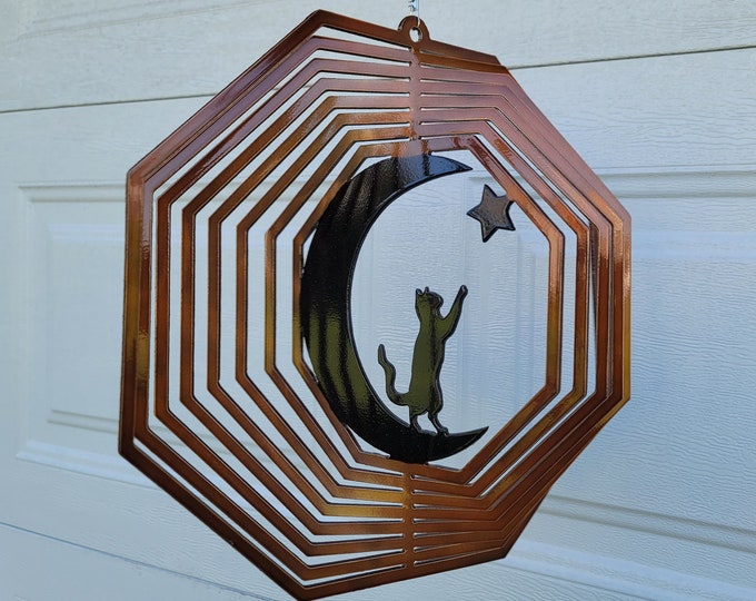 Cat wind spinner, metal yard art, cat lover gifts, gifts for her, cat decor, halloween decorations, porch decor, sun catcher, crescent moon