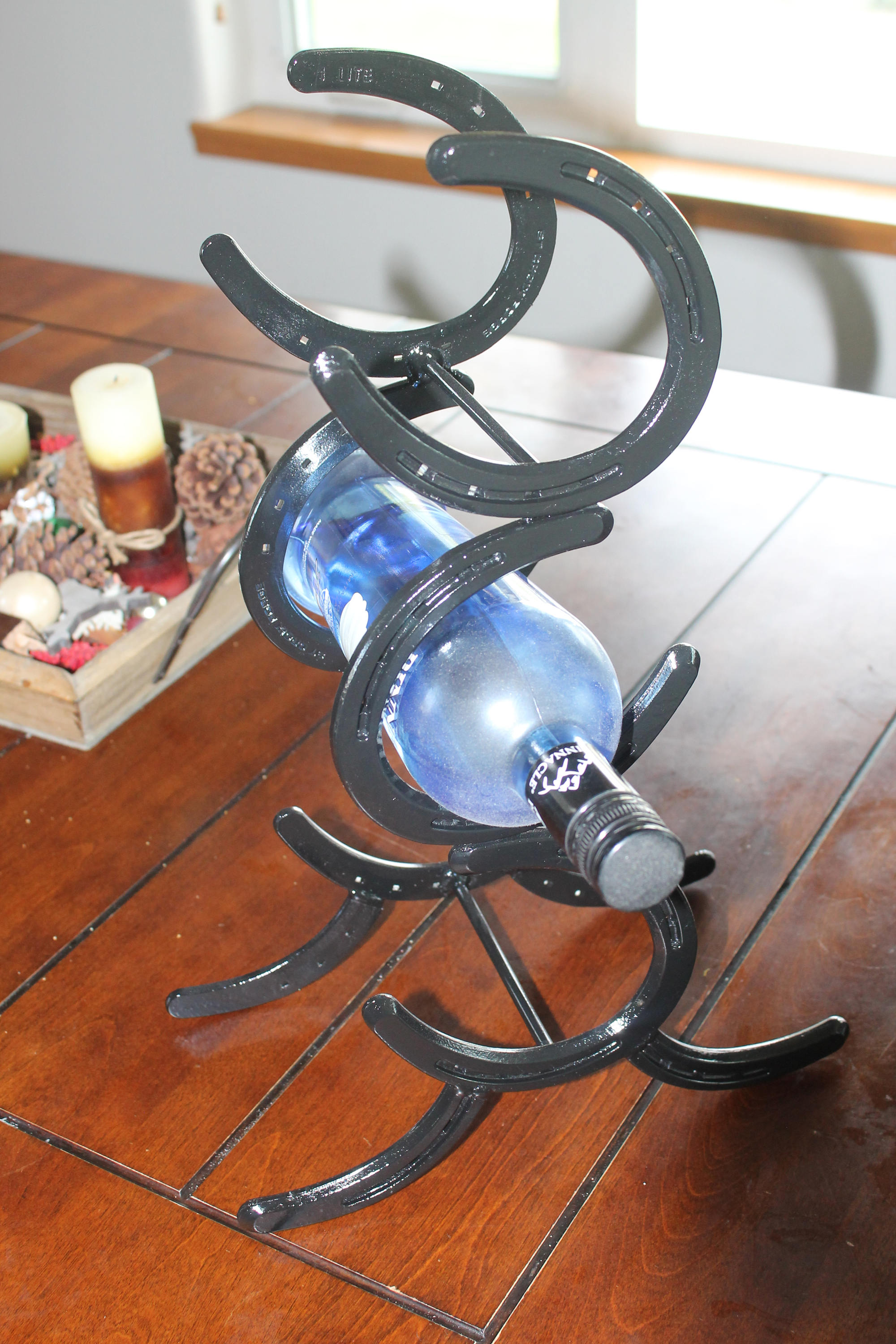 Horseshoe wine rack, bar decor, wine bottle holder, rancher gift